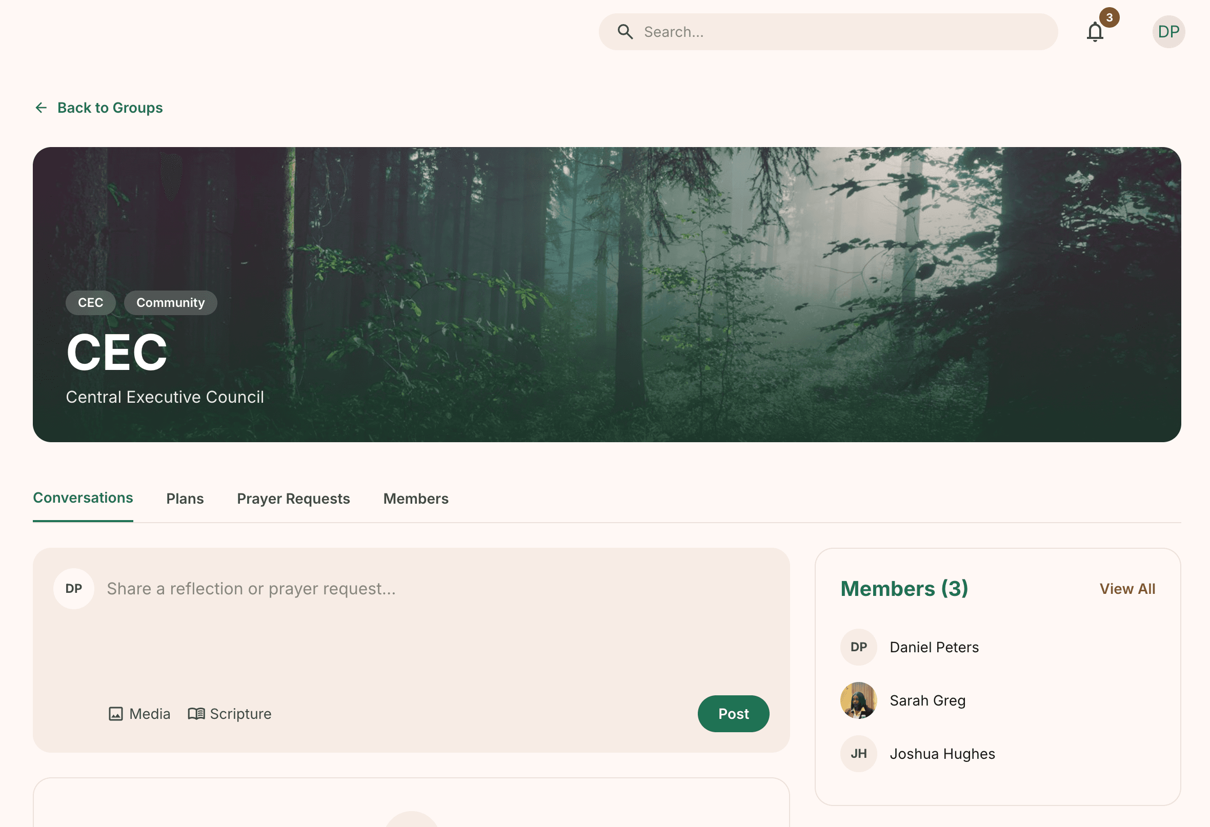 Shepherd group page with conversations, shared plans, prayer requests, and members