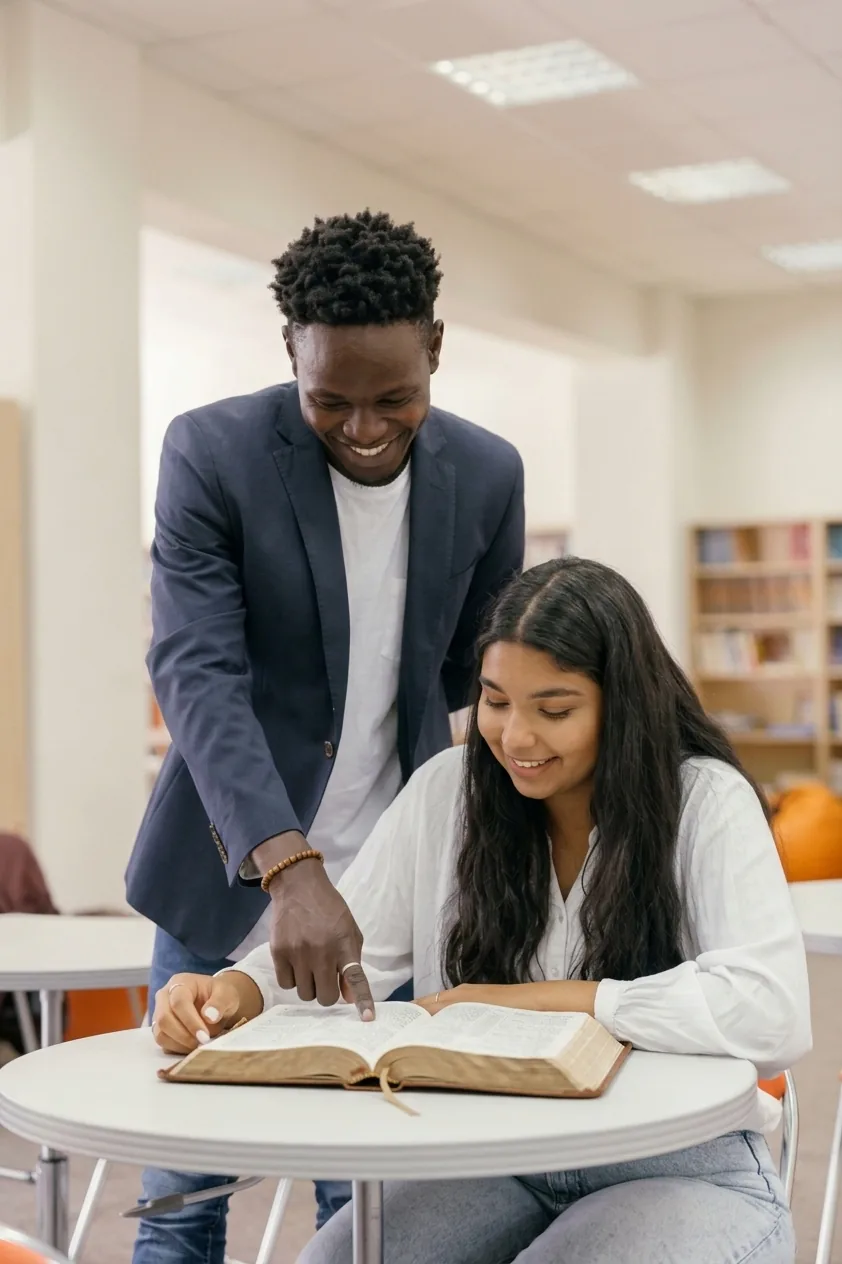 A mentor and mentee reading an open Bible together