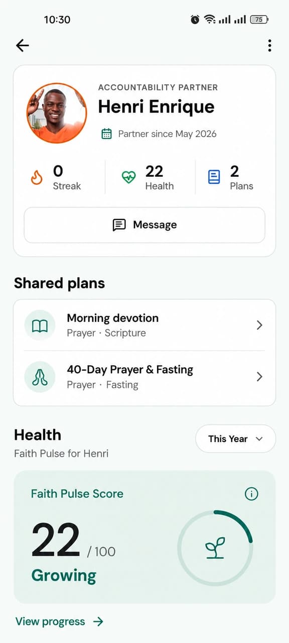 Wordman accountability partner profile, shared plans, and Spiritual Health score