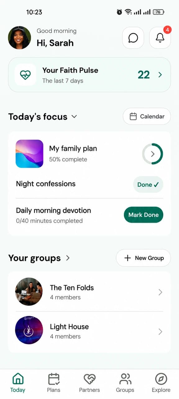 Wordman app showing daily goals, Faith Pulse, and groups